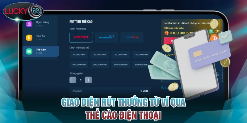 Giao diện rút thưởng từ ví qua thẻ cào